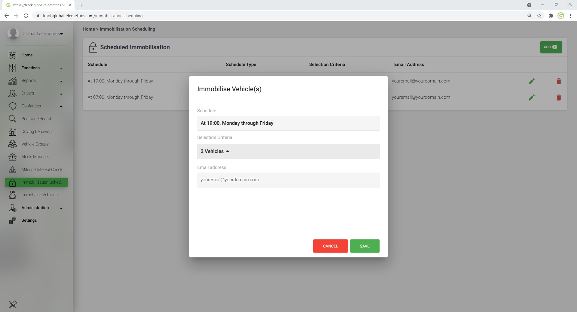 Scheduled immobiliser Setup